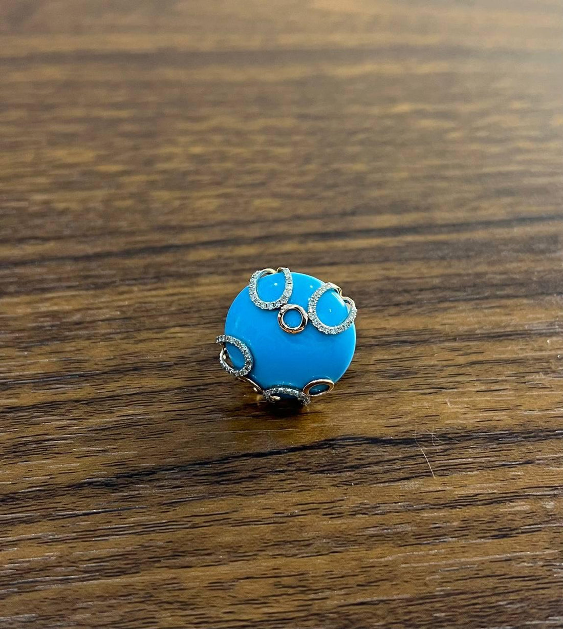 Round Blue Teal Turquoise Diamond Swirl Scroll 14K Yellow Gold Cocktail Ring