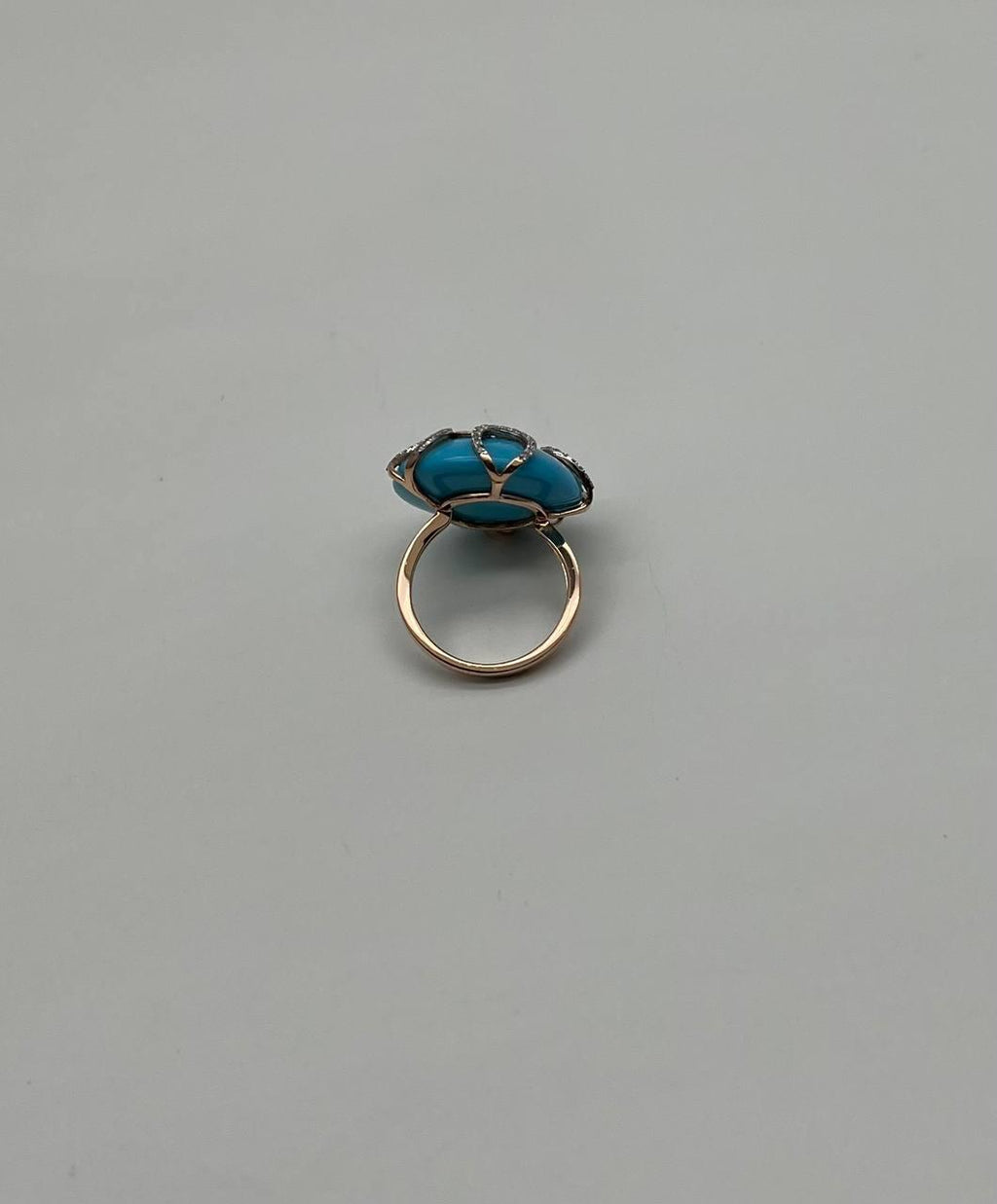 Round Blue Teal Turquoise Diamond Swirl Scroll 14K Yellow Gold Cocktail Ring