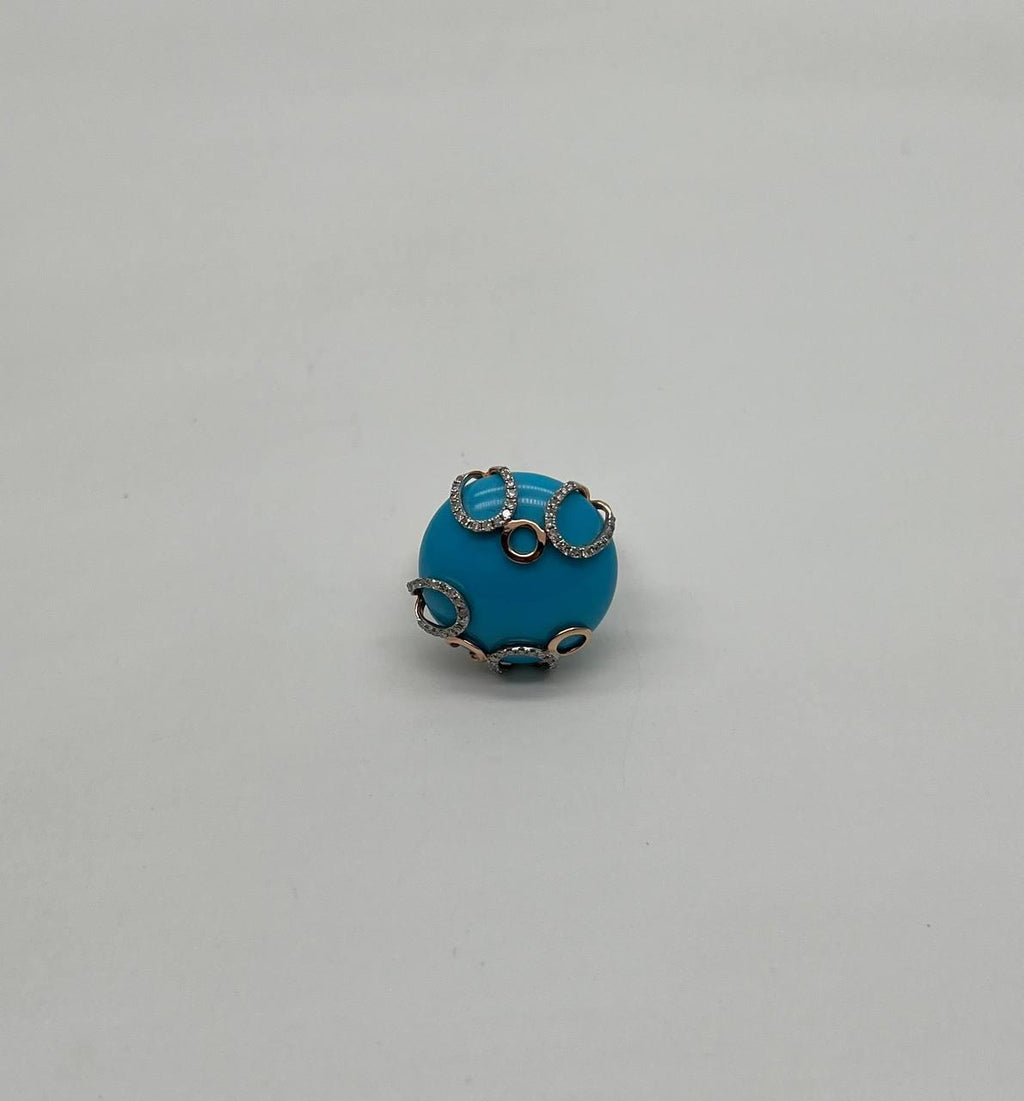Round Blue Teal Turquoise Diamond Swirl Scroll 14K Yellow Gold Cocktail Ring