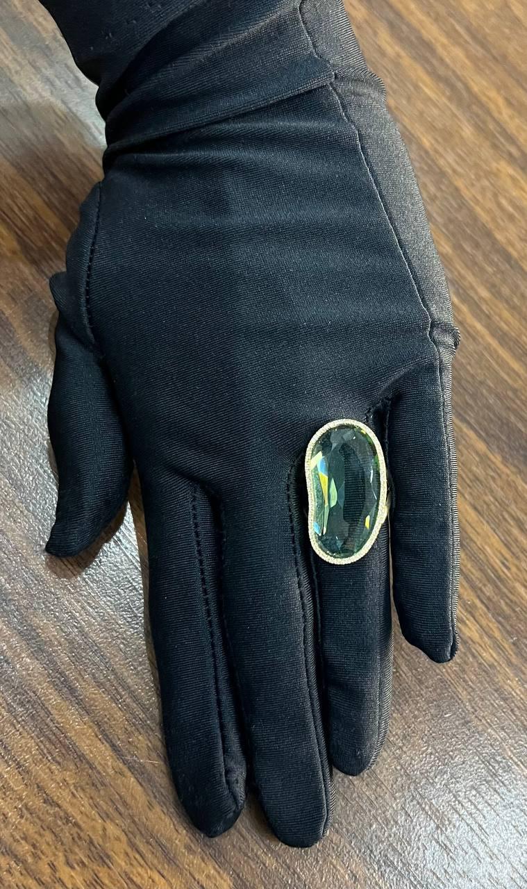 Free Shape Faceted Green Amethyst Prasiolite Diamonds Halo Gold Statement Ring