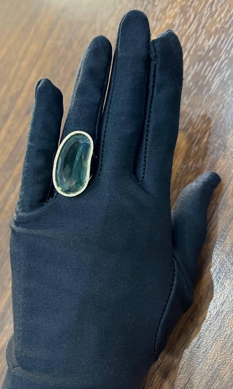 Free Shape Faceted Green Amethyst Prasiolite Diamonds Halo Gold Statement Ring
