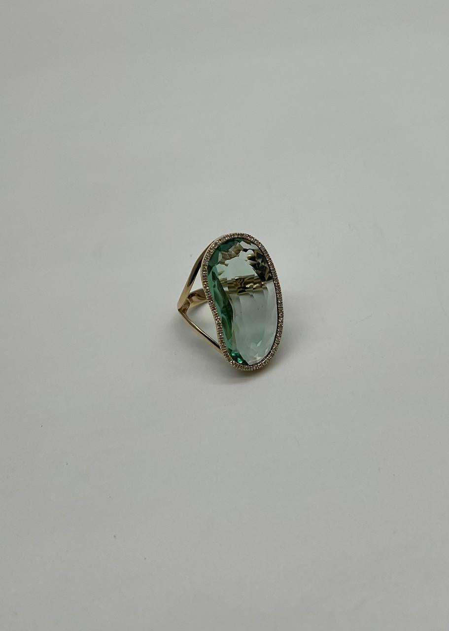 free shape faceted green amethyst prasiolite diamonds halo gold statement ring