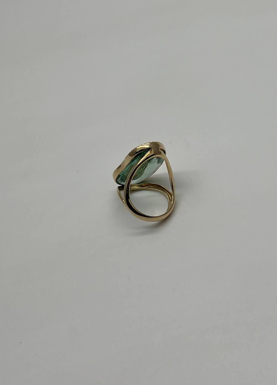 Free Shape Faceted Green Amethyst Prasiolite Diamonds Halo Gold Statement Ring