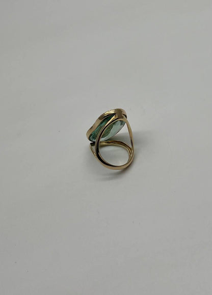 Free Shape Faceted Green Amethyst Prasiolite Diamonds Halo Gold Statement Ring