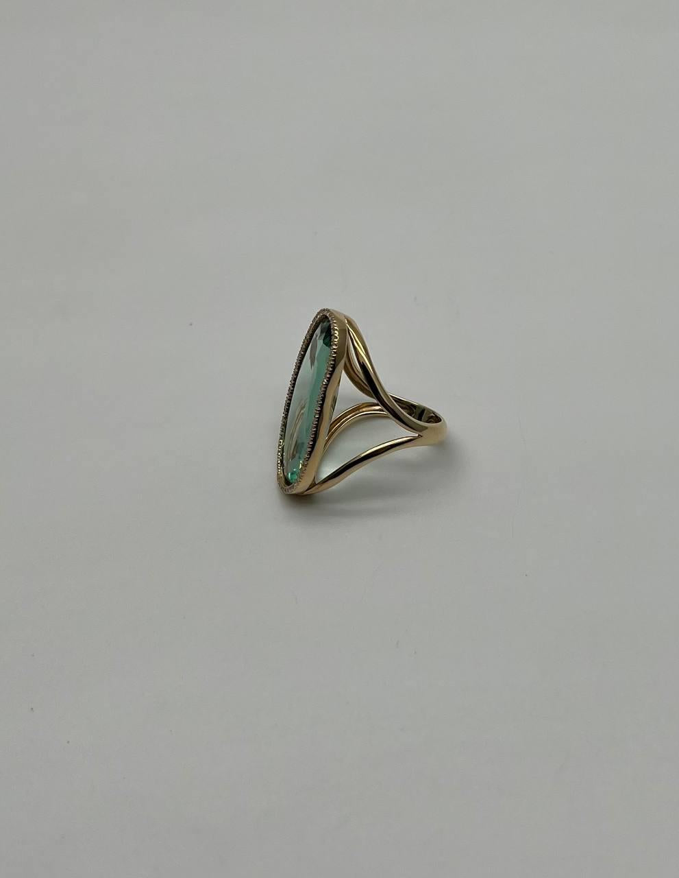 Free Shape Faceted Green Amethyst Prasiolite Diamonds Halo Gold Statement Ring