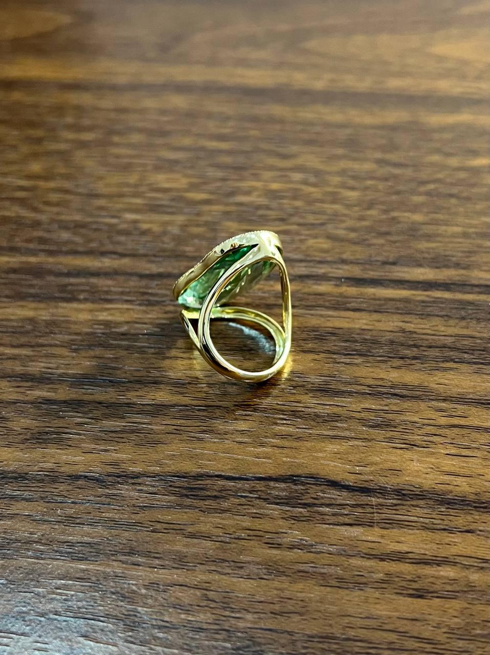 Free Shape Faceted Green Amethyst Prasiolite Diamonds Halo Gold Statement Ring