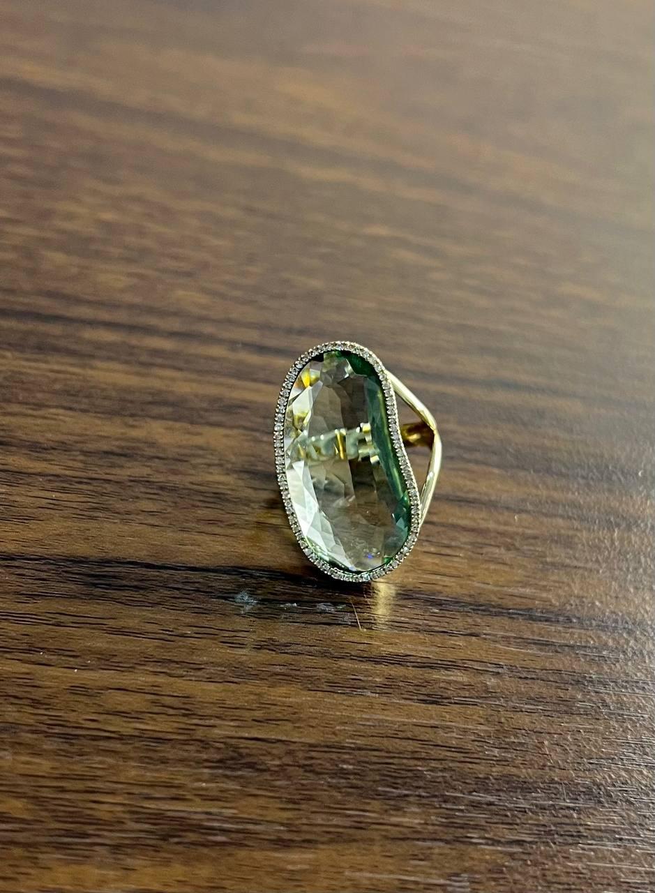 Free Shape Faceted Green Amethyst Prasiolite Diamonds Halo Gold Statement Ring