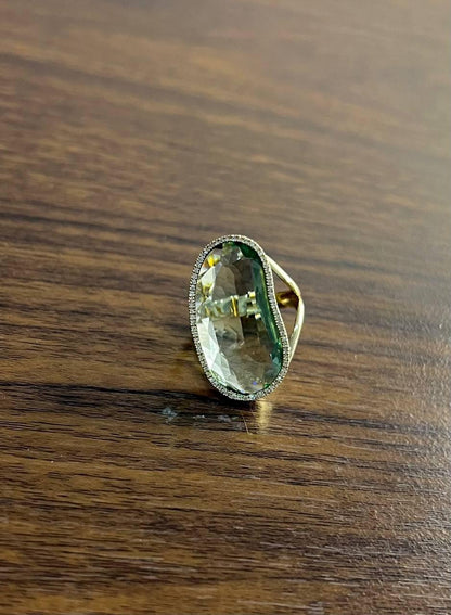 Free Shape Faceted Green Amethyst Prasiolite Diamonds Halo Gold Statement Ring
