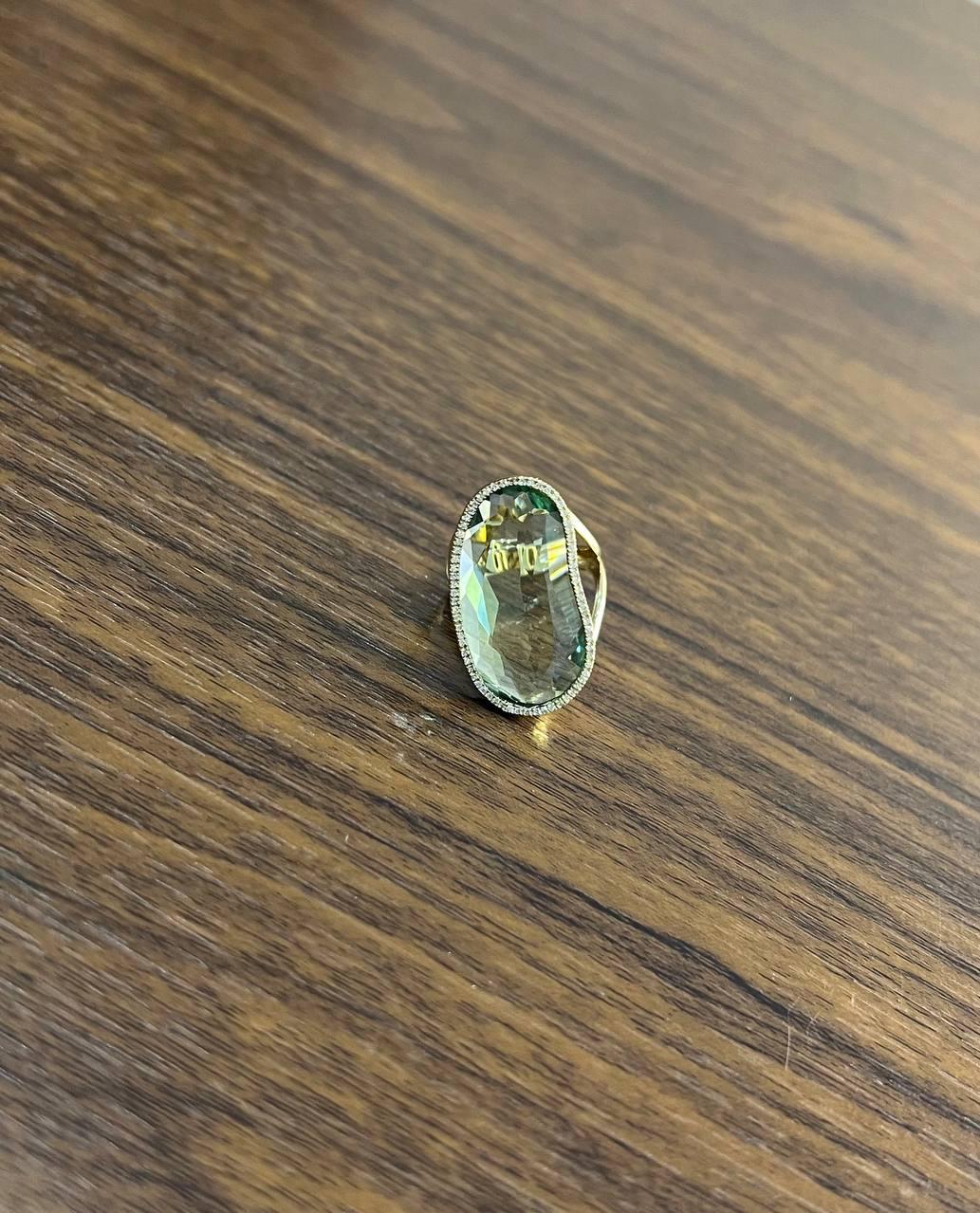 Free Shape Faceted Green Amethyst Prasiolite Diamonds Halo Gold Statement Ring