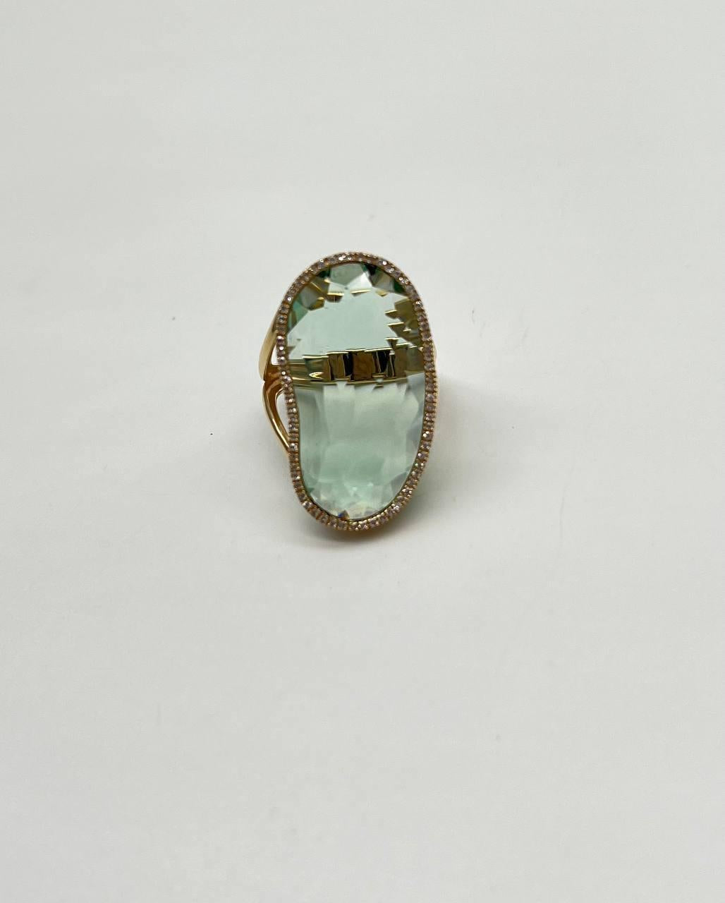 Free Shape Faceted Green Amethyst Prasiolite Diamonds Halo Gold Statement Ring