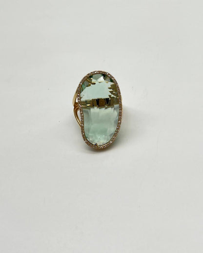 Free Shape Faceted Green Amethyst Prasiolite Diamonds Halo Gold Statement Ring