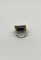 Rectangular Shape Blue Sapphire Faceted Cabochon Slice 14kGold Diamond Halo Ring