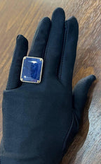 Rectangular Shape Blue Sapphire Faceted Cabochon Slice 14kGold Diamond Halo Ring