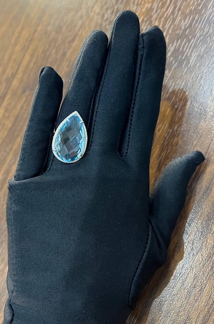 Pear Teardrop Light Blue Topaz White Diamonds Halo 14K White Gold Statement Ring