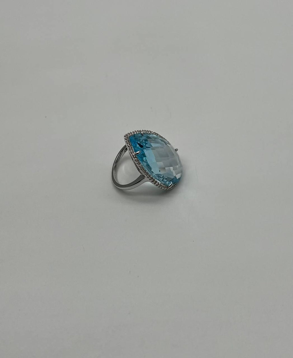 Pear Teardrop Light Blue Topaz White Diamonds Halo 14K White Gold Statement Ring