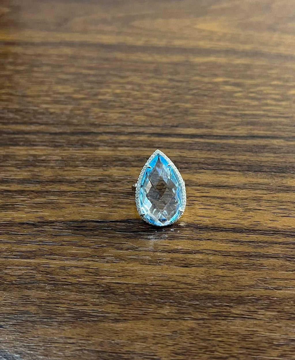 Pear Teardrop Light Blue Topaz White Diamonds Halo 14K White Gold Statement Ring