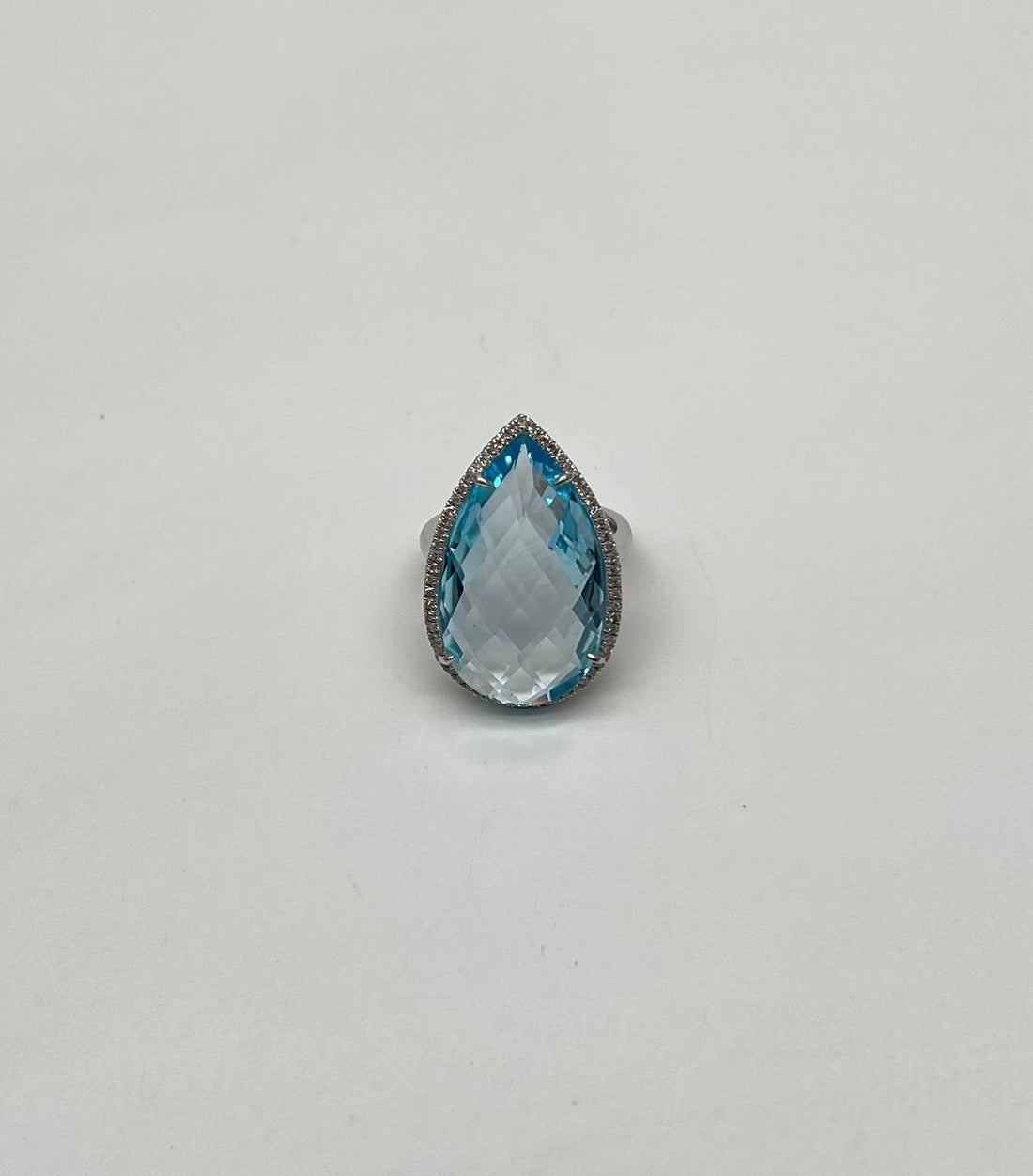 Pear Teardrop Light Blue Topaz White Diamonds Halo 14K White Gold Statement Ring