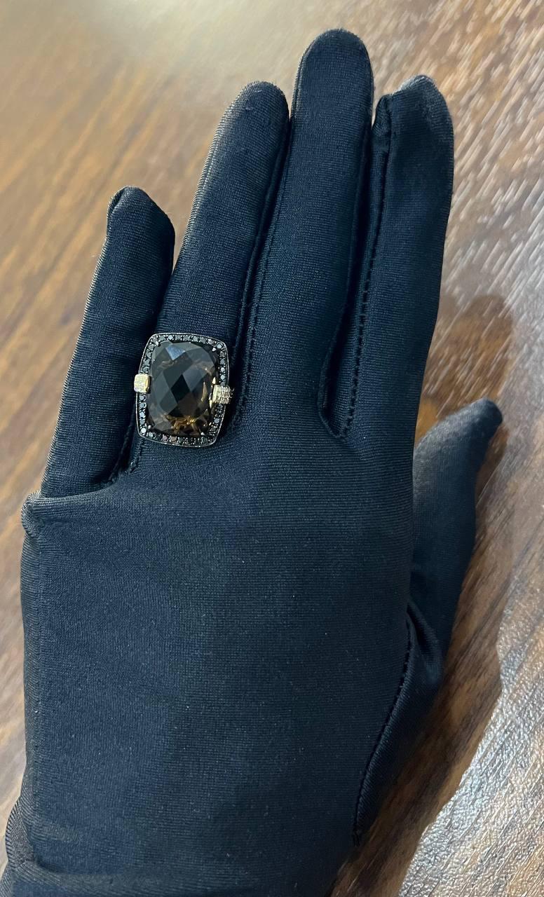Rosecut Brown Smokey Quartz Black Diamonds Pave Set 14K Gold Statement Ring