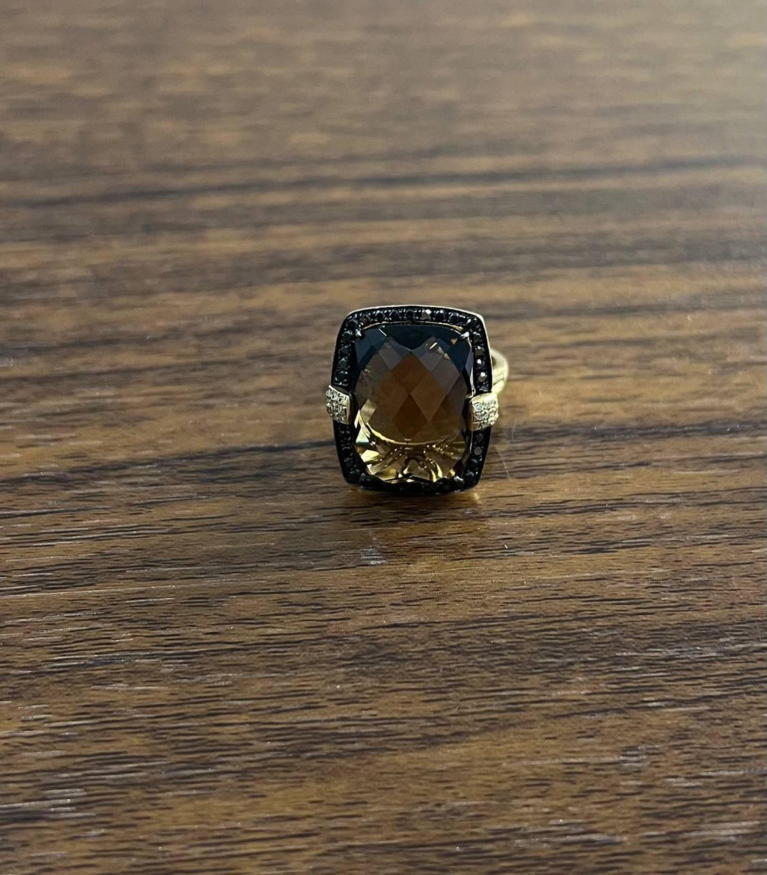 Rosecut Brown Smokey Quartz Black Diamonds Pave Set 14K Gold Statement Ring