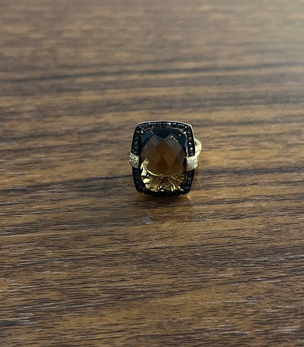 Rosecut Brown Smokey Quartz Black Diamonds Pave Set 14K Gold Statement Ring
