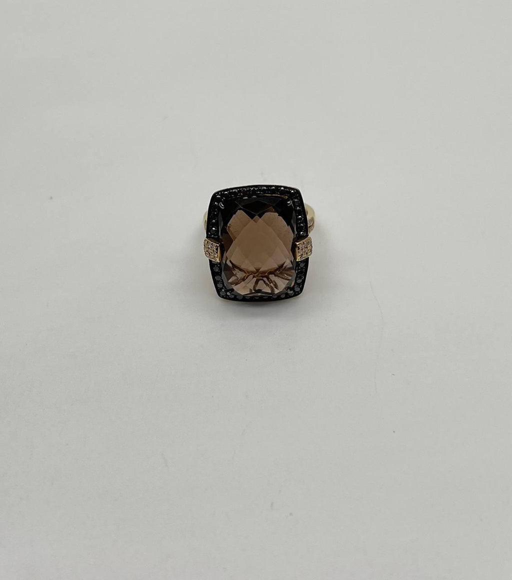 Rosecut Brown Smokey Quartz Black Diamonds Pave Set 14K Gold Statement Ring
