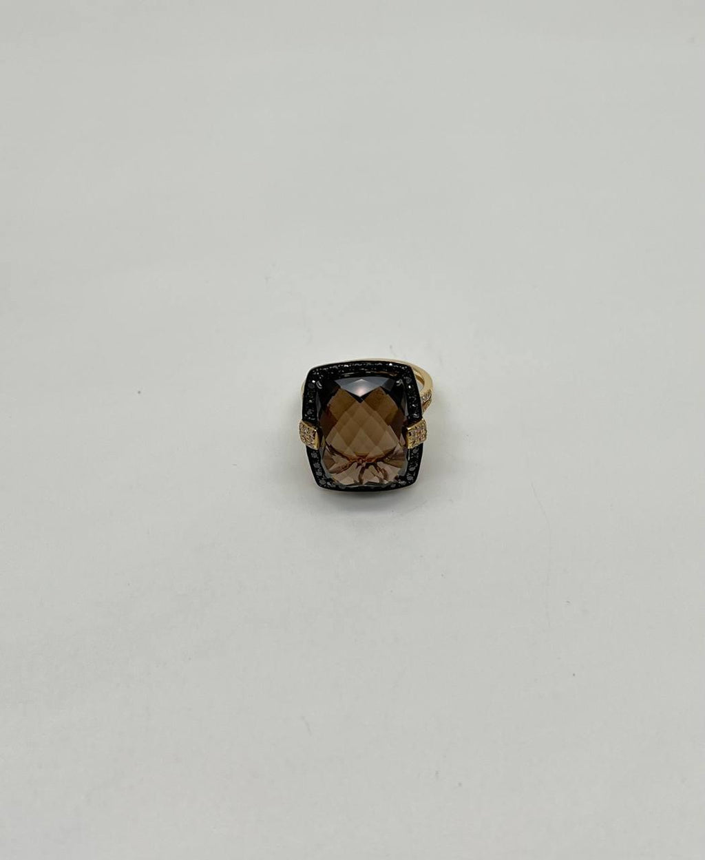 Rosecut Brown Smokey Quartz Black Diamonds Pave Set 14K Gold Statement Ring