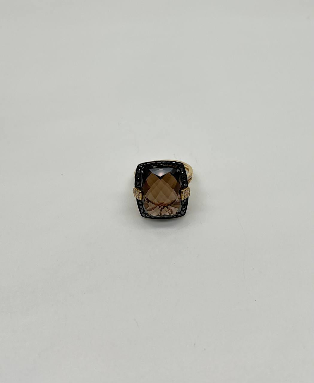 rosecut brown smokey quartz black diamonds pave set 14k gold statement ring