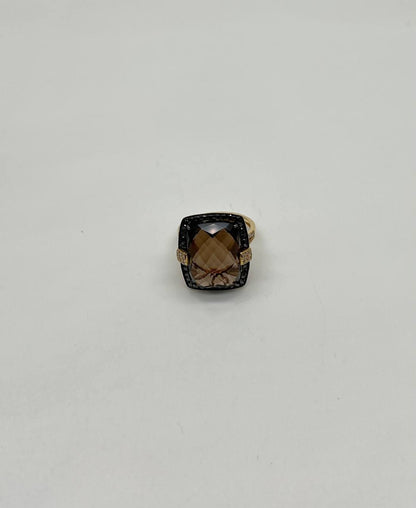 Rosecut Brown Smokey Quartz Black Diamonds Pave Set 14K Gold Statement Ring
