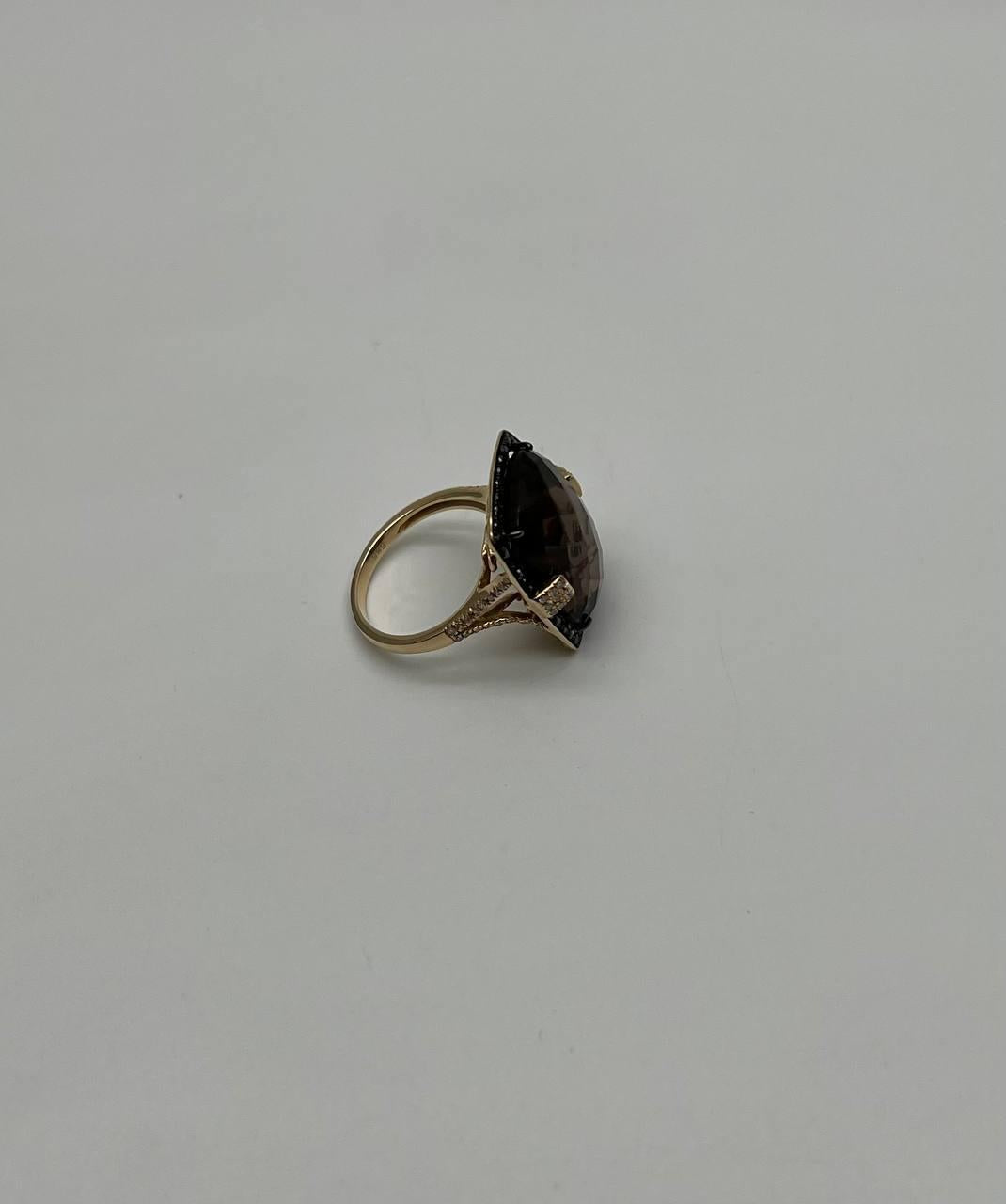 rosecut brown smokey quartz black diamonds pave set 14k gold statement ring
