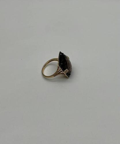 Rosecut Brown Smokey Quartz Black Diamonds Pave Set 14K Gold Statement Ring