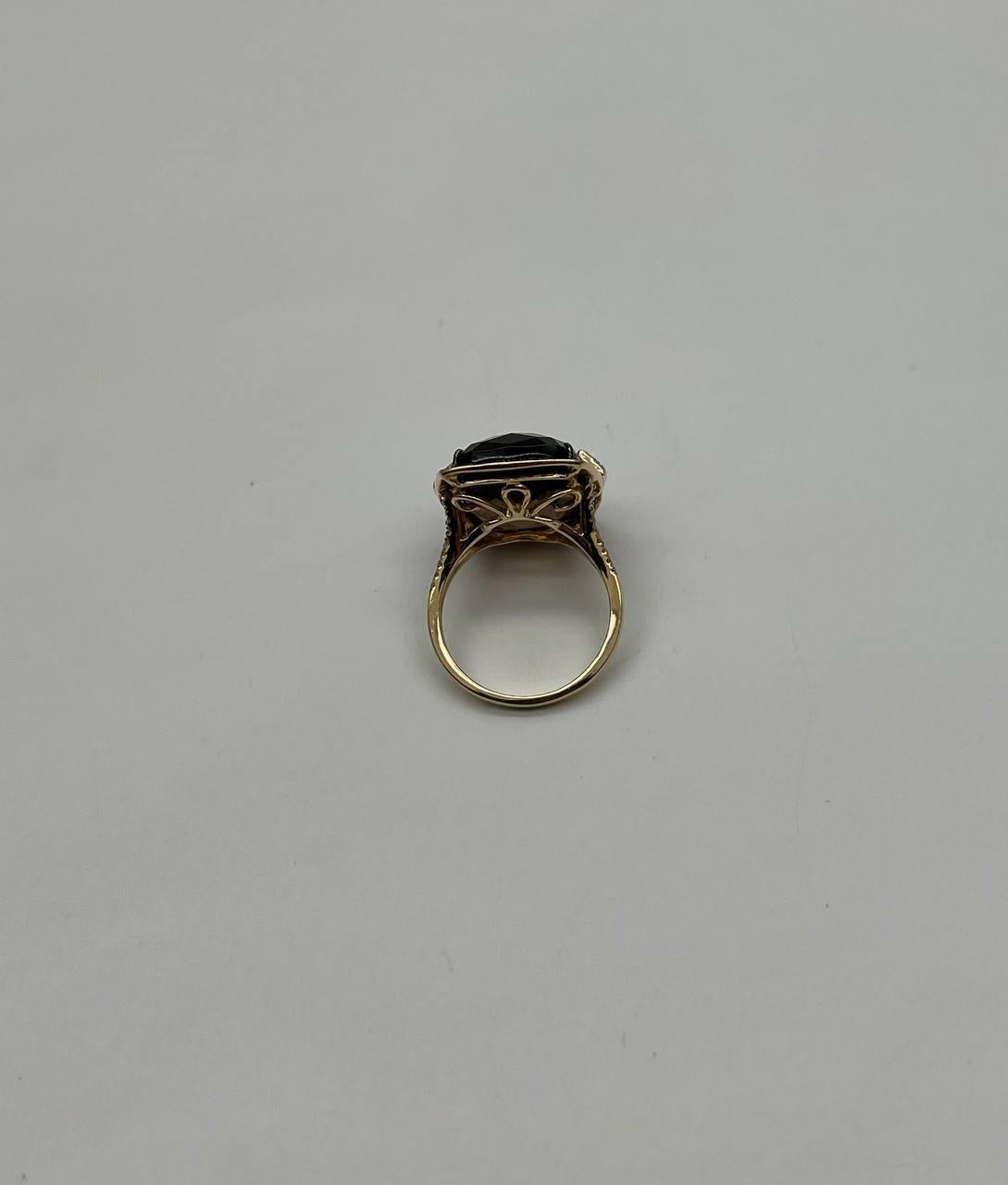 rosecut brown smokey quartz black diamonds pave set 14k gold statement ring