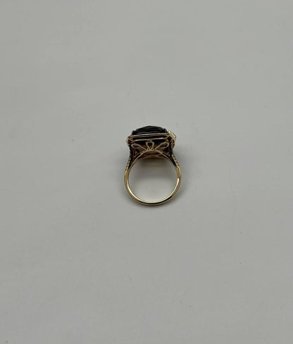 Rosecut Brown Smokey Quartz Black Diamonds Pave Set 14K Gold Statement Ring