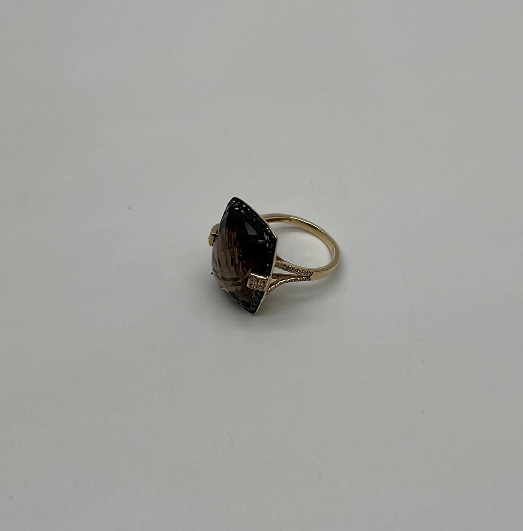 Rosecut Brown Smokey Quartz Black Diamonds Pave Set 14K Gold Statement Ring