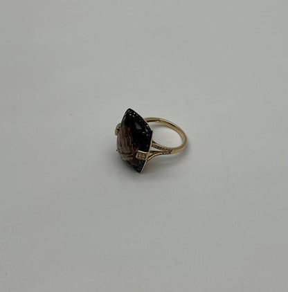 Rosecut Brown Smokey Quartz Black Diamonds Pave Set 14K Gold Statement Ring