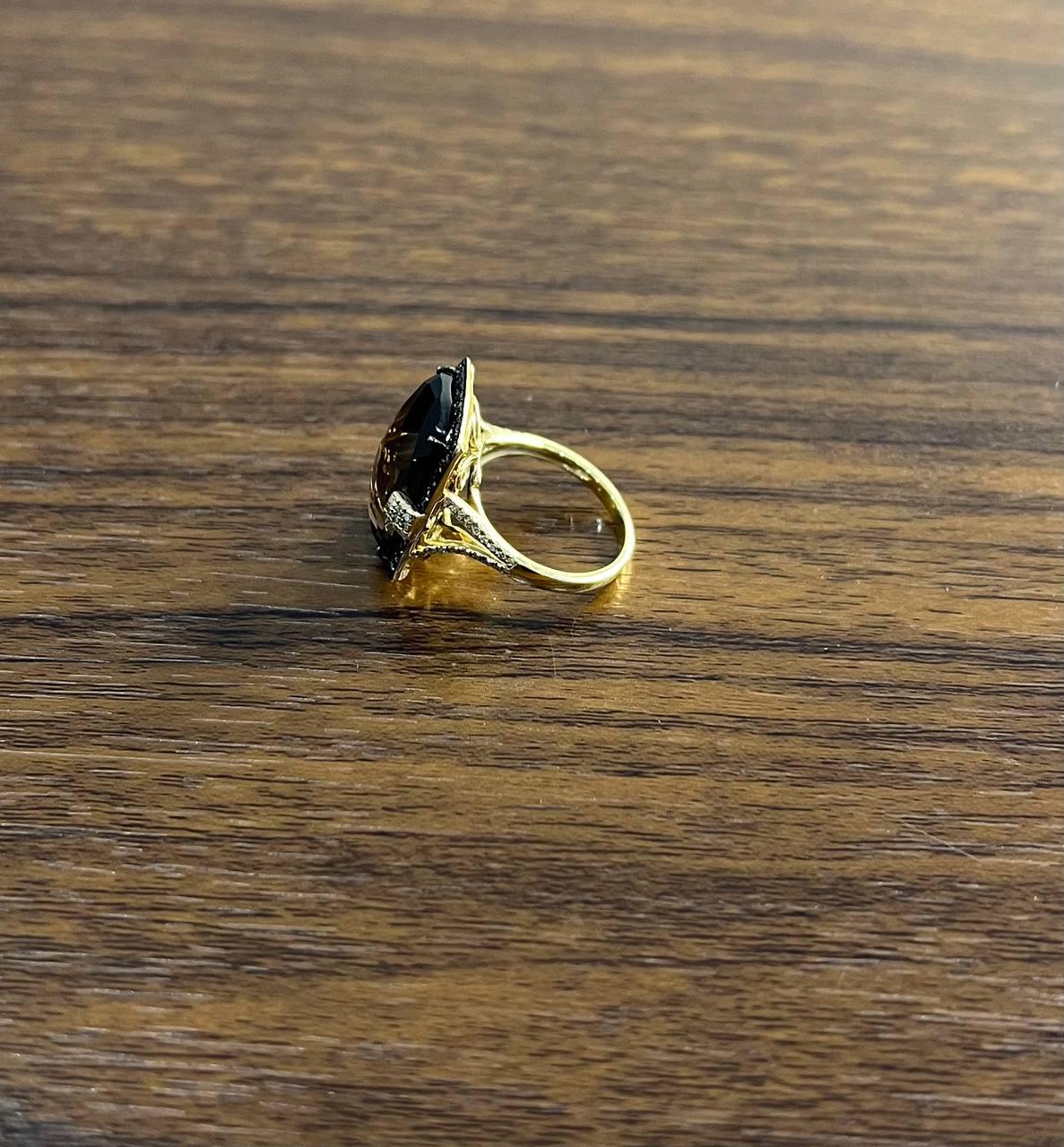 Rosecut Brown Smokey Quartz Black Diamonds Pave Set 14K Gold Statement Ring