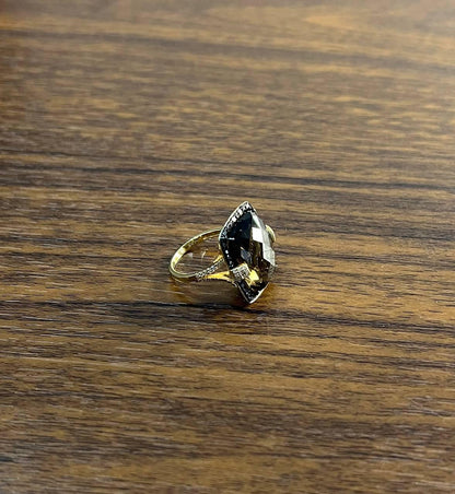Rosecut Brown Smokey Quartz Black Diamonds Pave Set 14K Gold Statement Ring