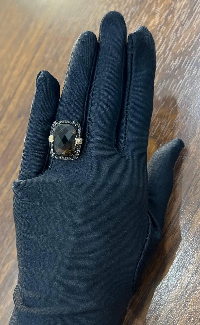 Rosecut Brown Smokey Quartz Black Diamonds Pave Set 14K Gold Statement Ring