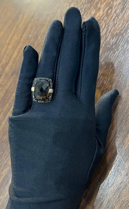 Rosecut Brown Smokey Quartz Black Diamonds Pave Set 14K Gold Statement Ring
