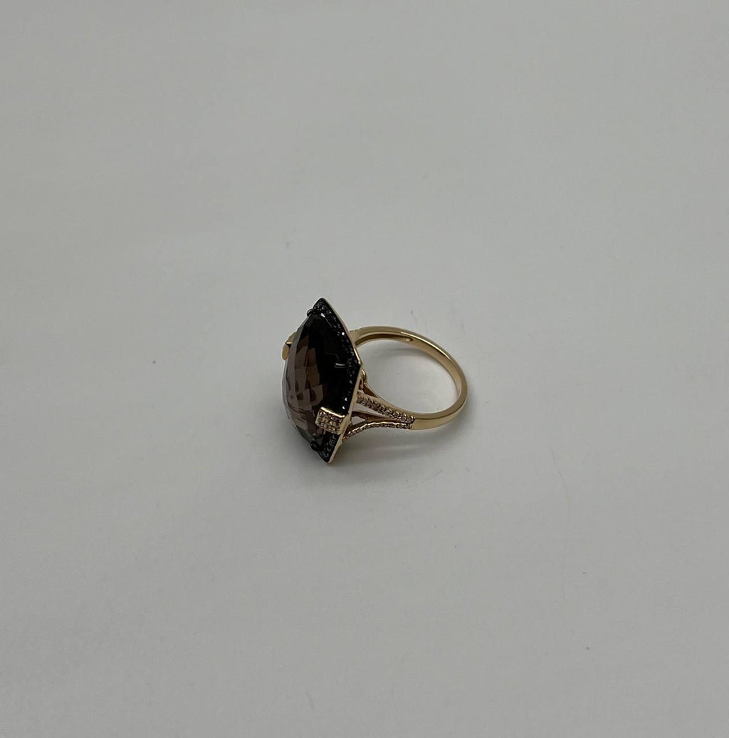 Rosecut Brown Smokey Quartz Black Diamonds Pave Set 14K Gold Statement Ring