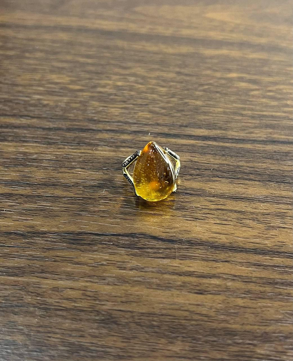 Pear Drop Shape Orange Citrine Cabochon Diamonds 14K Yellow Gold Ring