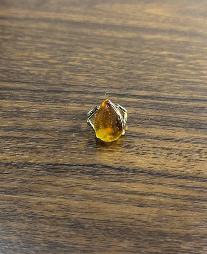 Pear Drop Shape Orange Citrine Cabochon Diamonds 14K Yellow Gold Ring
