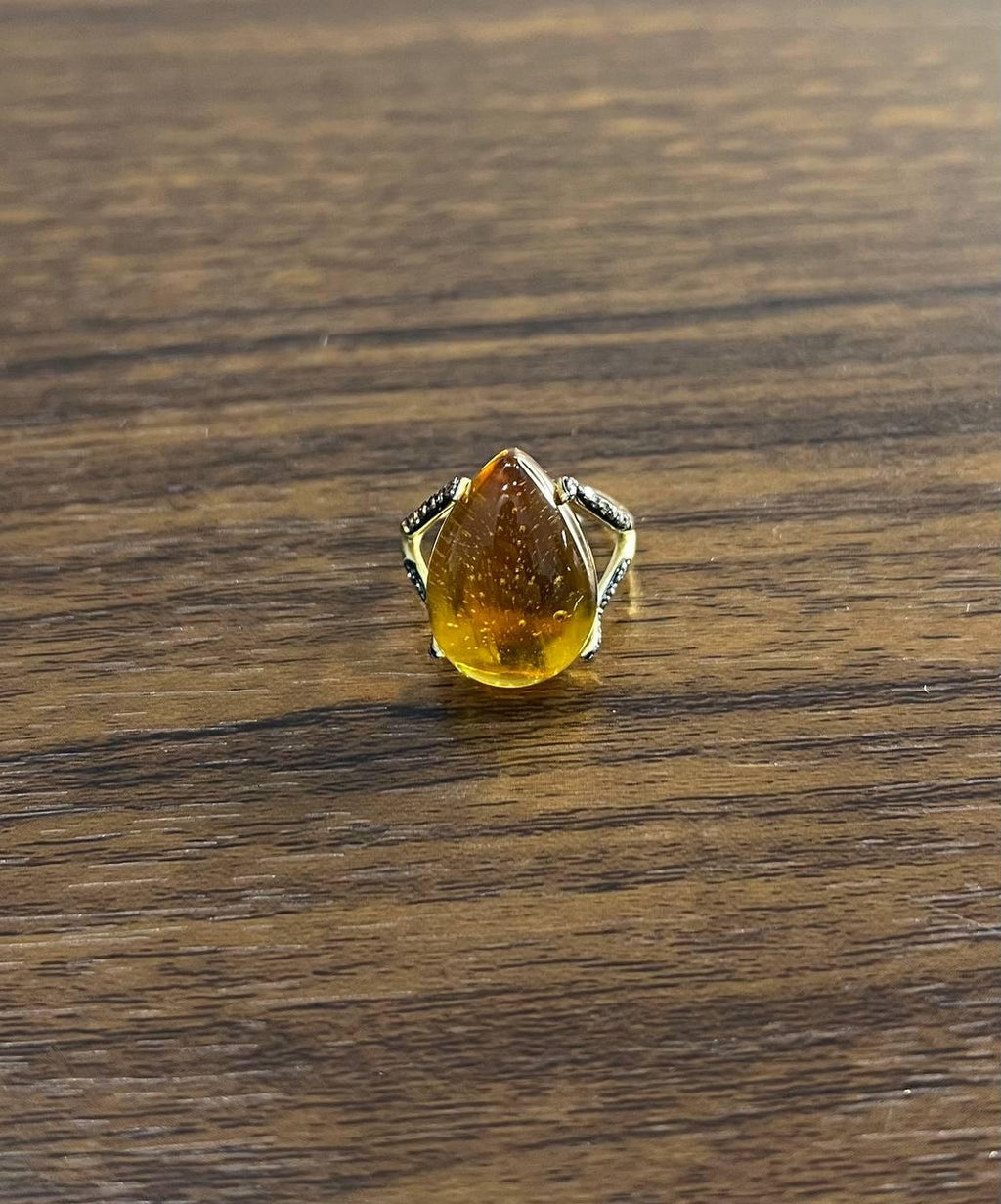 Pear Drop Shape Orange Citrine Cabochon Diamonds 14K Yellow Gold Ring