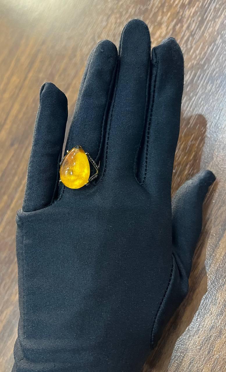 Pear Drop Shape Orange Citrine Cabochon Diamonds 14K Yellow Gold Ring