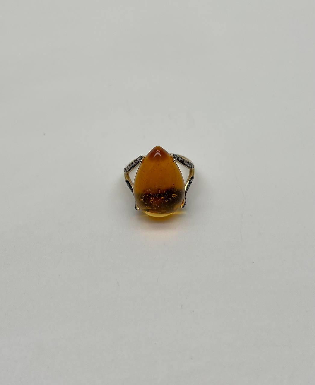 Pear Drop Shape Orange Citrine Cabochon Diamonds 14K Yellow Gold Ring