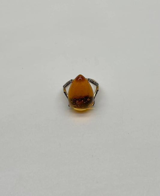 Pear Drop Shape Orange Citrine Cabochon Diamonds 14K Yellow Gold Ring