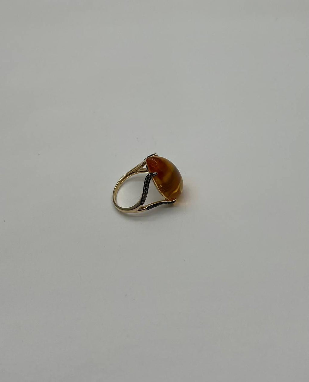 Pear Drop Shape Orange Citrine Cabochon Diamonds 14K Yellow Gold Ring