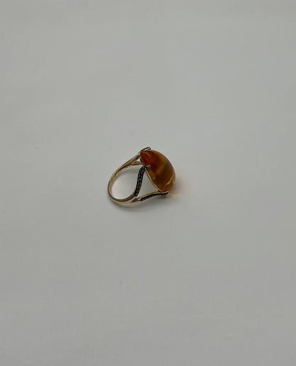 Pear Drop Shape Orange Citrine Cabochon Diamonds 14K Yellow Gold Ring