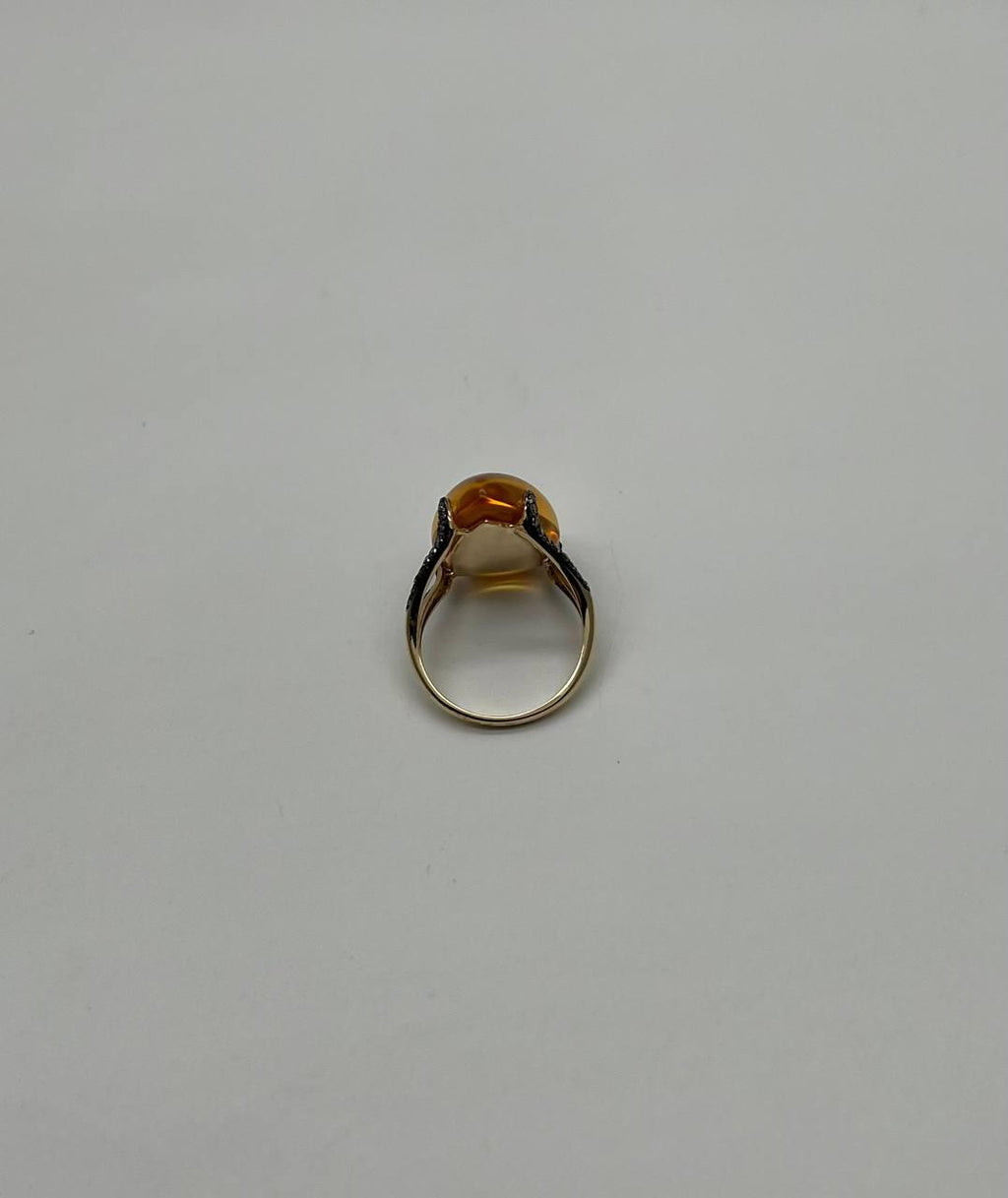Pear Drop Shape Orange Citrine Cabochon Diamonds 14K Yellow Gold Ring