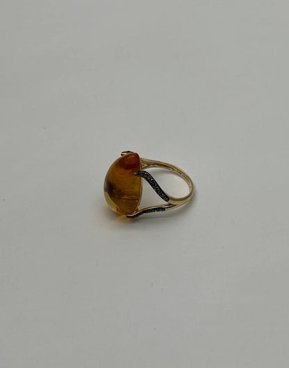 Pear Drop Shape Orange Citrine Cabochon Diamonds 14K Yellow Gold Ring