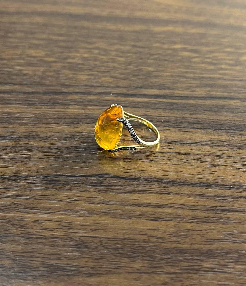 Pear Drop Shape Orange Citrine Cabochon Diamonds 14K Yellow Gold Ring